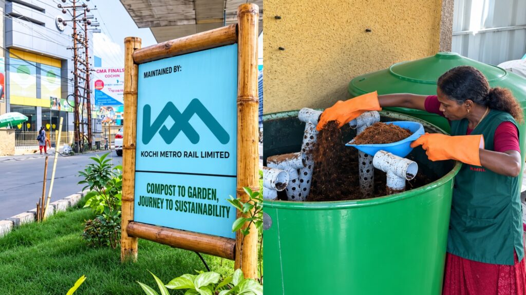 A woman in gloves adds compost to a green bin, promoting sustainable gardening in a residential community.