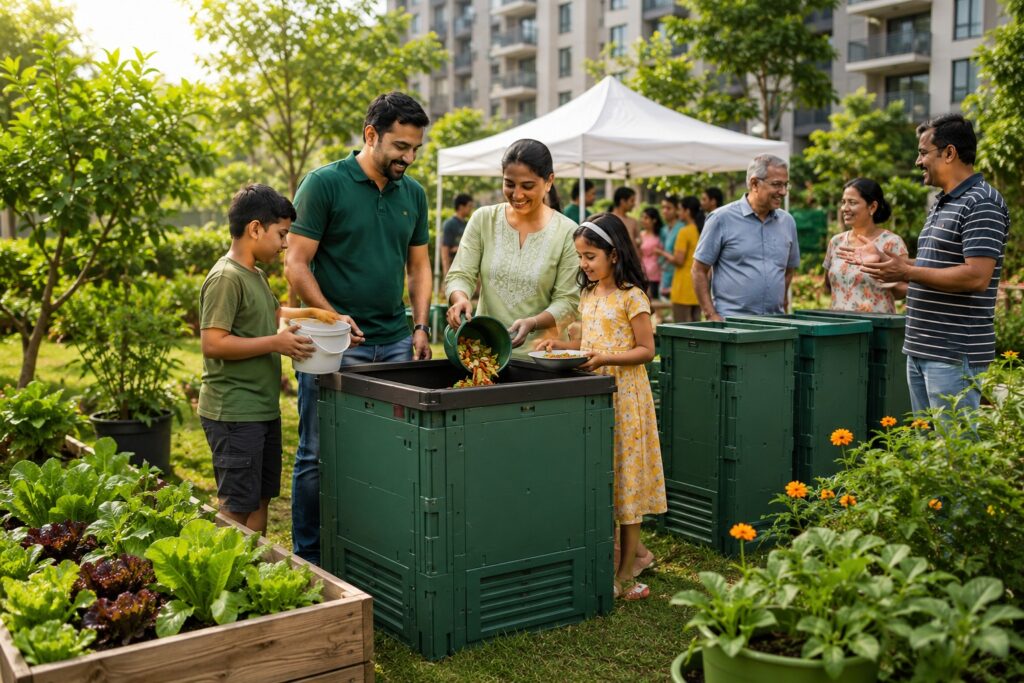 Families engage in community gardening, composting, and enjoying nature in a vibrant outdoor setting.