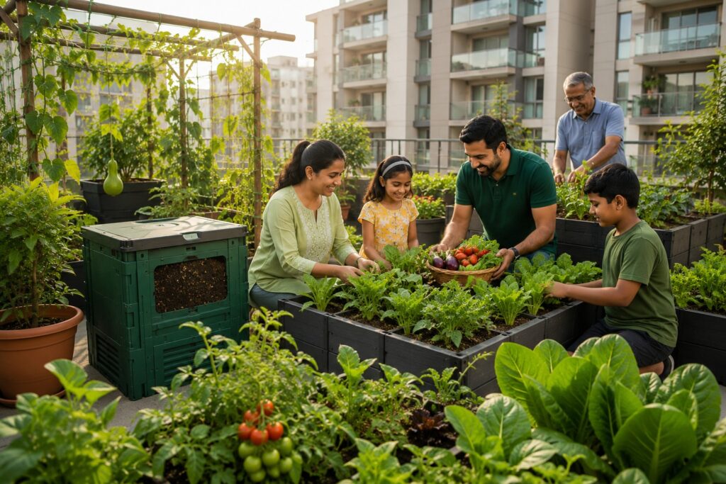 Family gardening on a rooftop, harvesting fresh vegetables together in a vibrant urban setting.