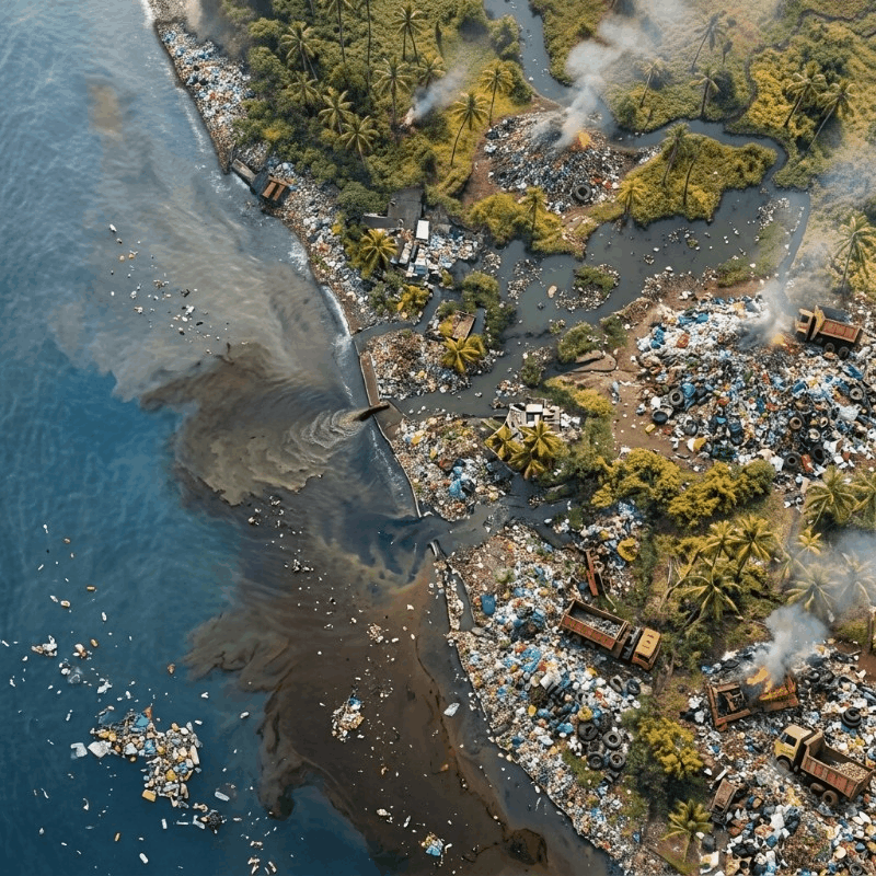 Aerial view of a polluted coastline with garbage and smoke, highlighting environmental challenges in Kerala.