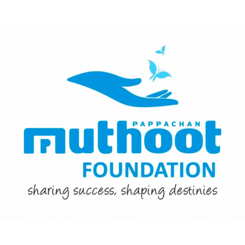 Muthoot Foundation logo with hand and butterflies, sharing success, shaping destinies