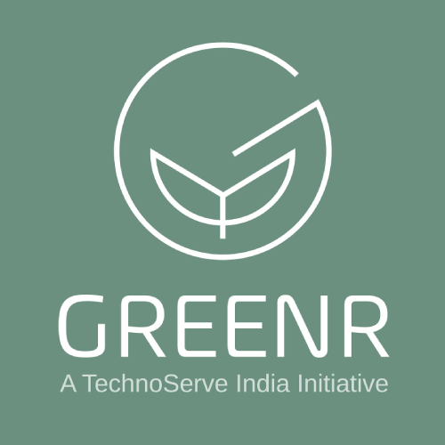 GREENR logo: a stylized leaf inside a circle, with text "GREENR A TechnoServe India Initiative